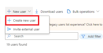 Screenshot showing Azure AD create new user button.