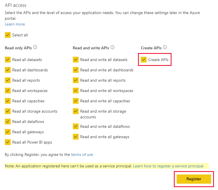 Screenshot of the Power BI embedding setup tool, which shows the selected Create APIs option.