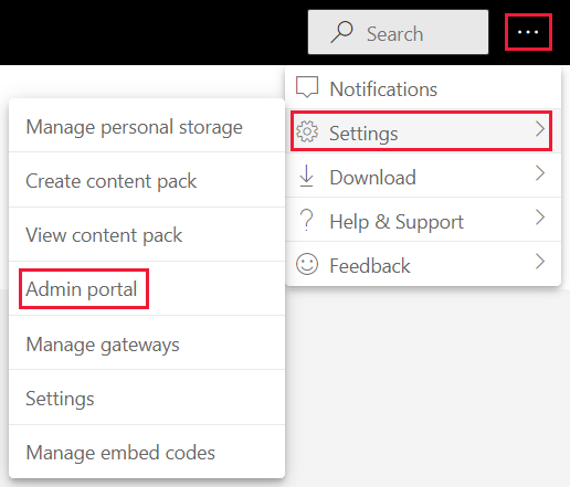 A screenshot showing the admin settings menu option in the Power B I service settings menu.