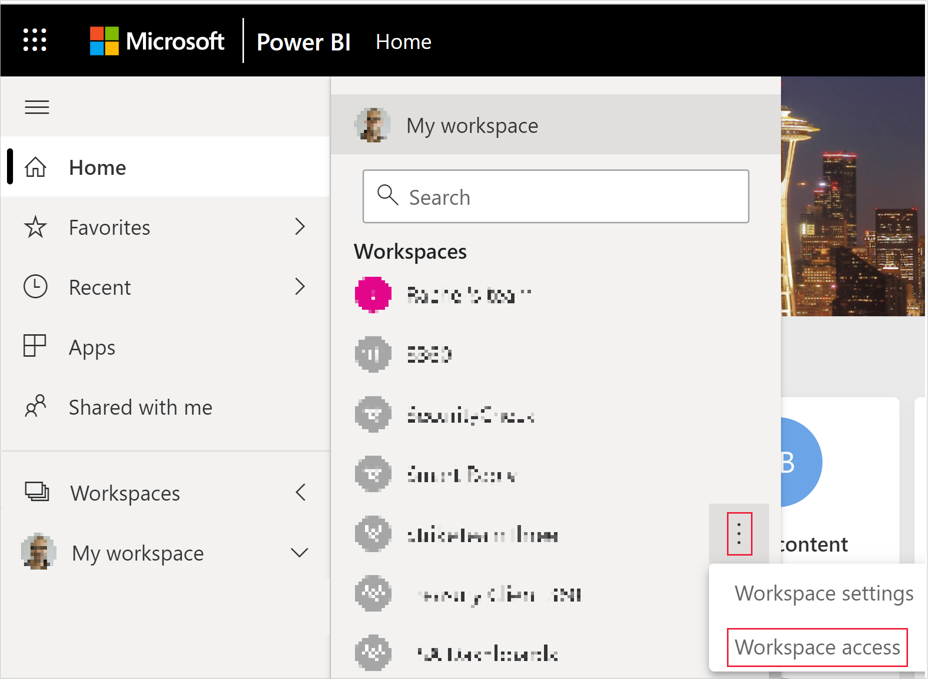 Screenshot that shows the expanded More menu for a workspace. On that menu, Workspace access is highlighted.