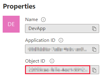 A screenshot showing the principal object I D in the properties section in the overview blade of an Azure A D application