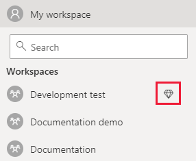 Screenshot of the Power BI service. In the Workspaces list, a diamond is visible next to the name of a workspace that has a capacity assigned to it.