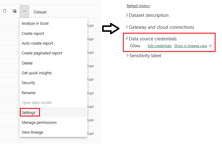 Screenshot dataset settings option in Power BI portal.