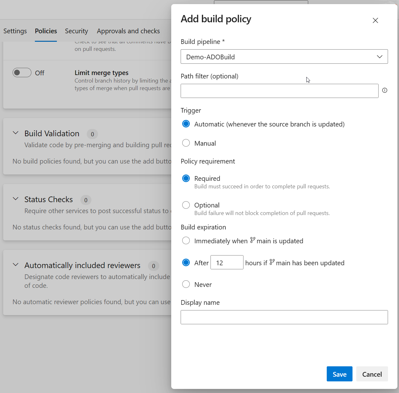 Screenshot showing the build policy UI.