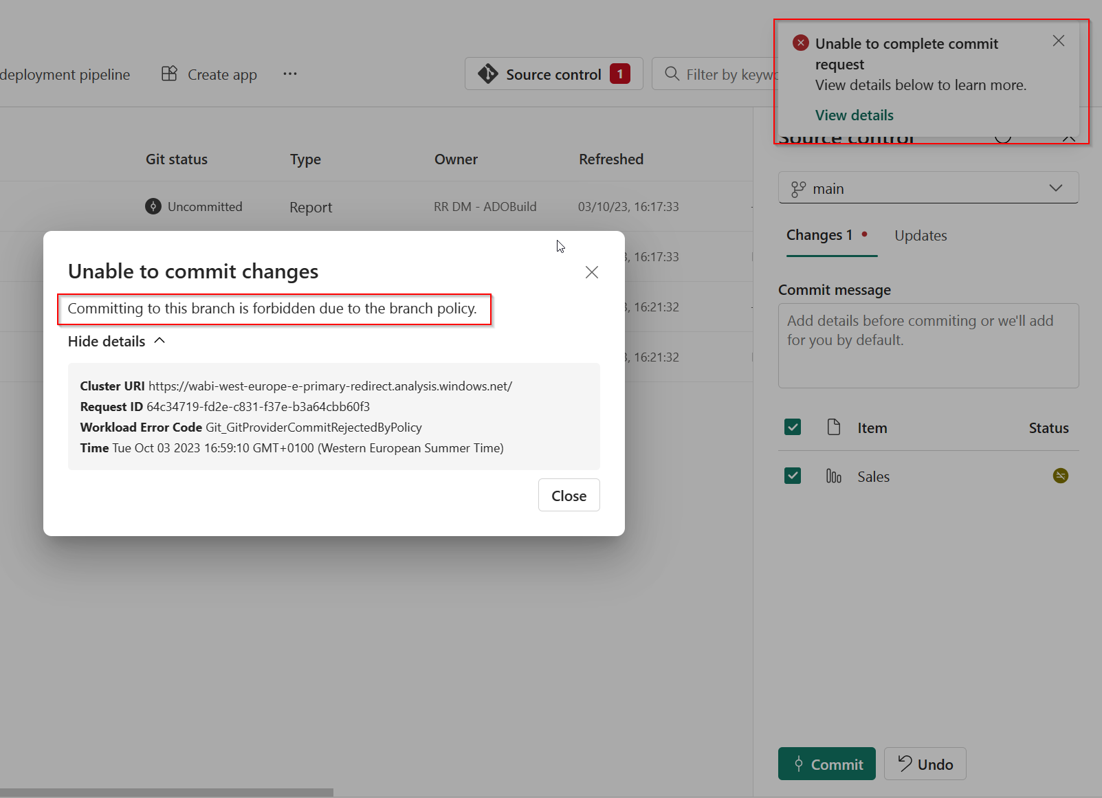 Screenshot showing the unable to commit change error.