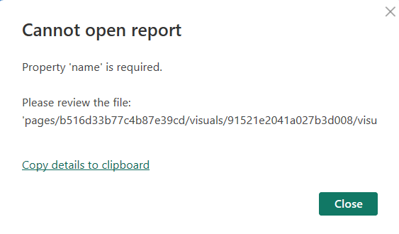 Screenshot of prompt PBIR blocking error.