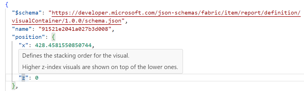 Screenshot of prompt PBIR JSON Schema tooltip.