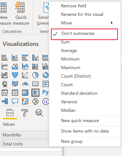 Screenshot of menu with option for not summarizing data.