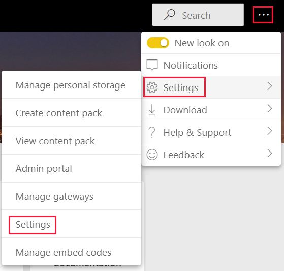 Screenshot of the settings, settings, settings, menu option in Power B I service.