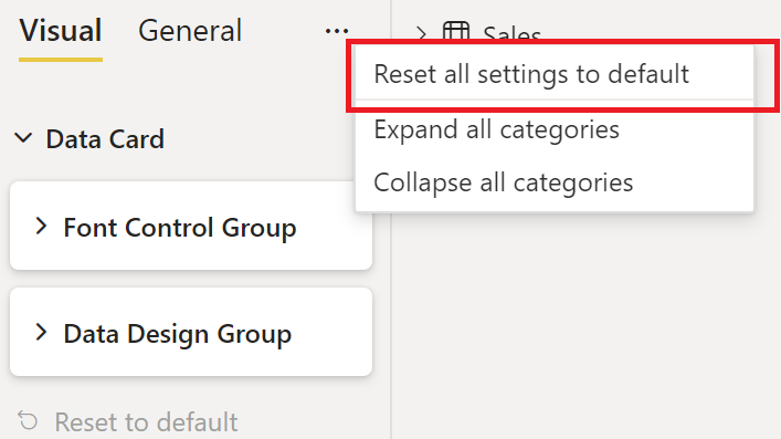 Screenshot of format pane reset all settings to default button.