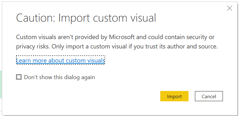 Screenshot of the Power BI caution: import custom visual dialog box.