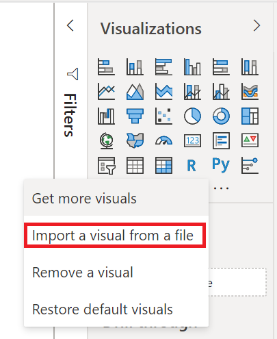 Screenshot of the Power BI Visualizations Pane, which shows the Import a visual from a file option is highlighted.