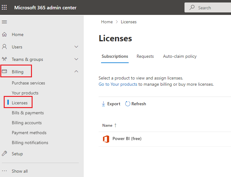Screenshot of Admin homepage with billing licenses selected.