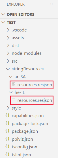 A VS code screenshot of a visual project folder. Each sub-folder in the string resources folder has a resources dot resjson file.