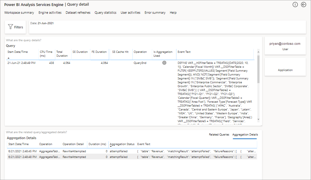 Screenshot that shows log analytics query history drill through.