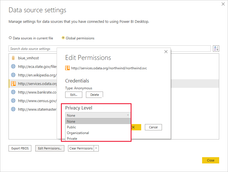 Screenshot of data source settings showing the edit permissions dialog highlighted.