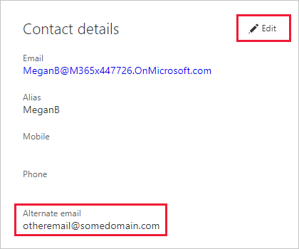 Screenshot of the contact details dialog, the edit icon and alternate email are highlighted.