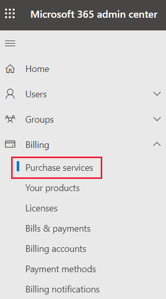 Screenshot showing the Microsoft 365 billing menu with Purchase services selected.