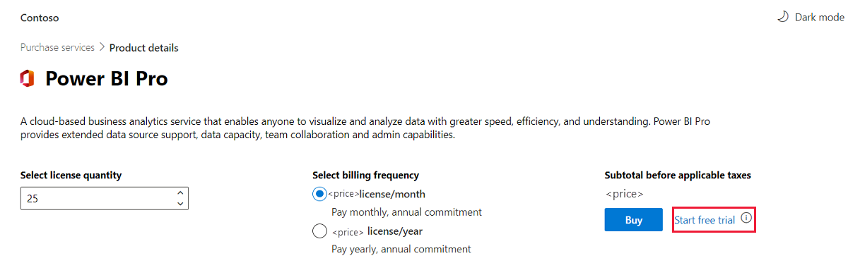 Screenshot showing example purchase options for Power B I Pro.