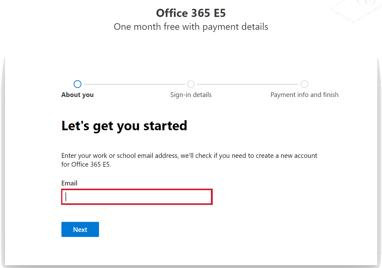 Screenshot showing the getting started page with an input box for email address. The email input box is highlighted.