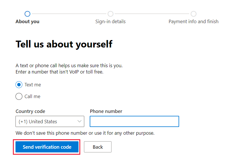 Screenshot of the verification page for entering a phone number where you can receive a call or text message. Send verification code is highlighted.