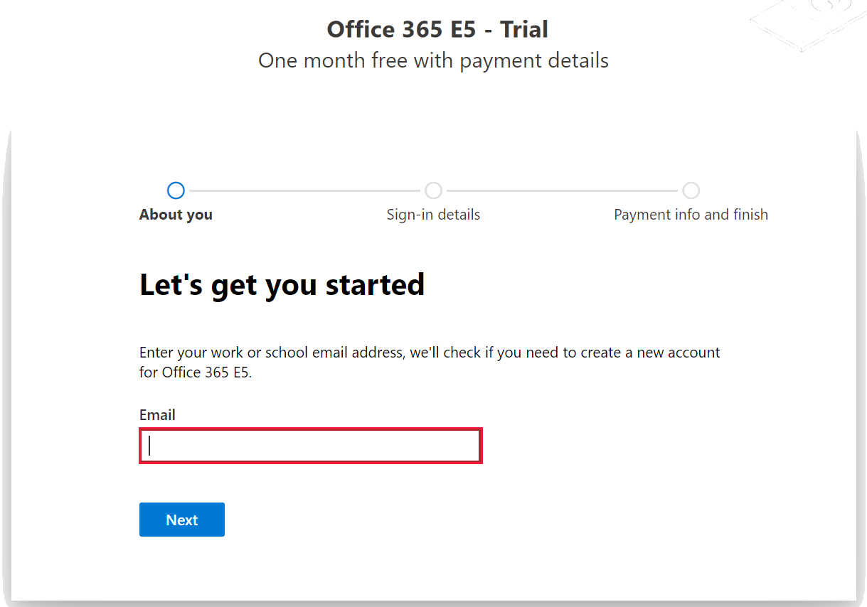 Screenshot showing the getting started page with an input box for email address. The email input box is highlighted.