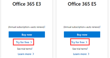 Screenshot showing available Microsoft Office 365 options. Try for free is highlighted.