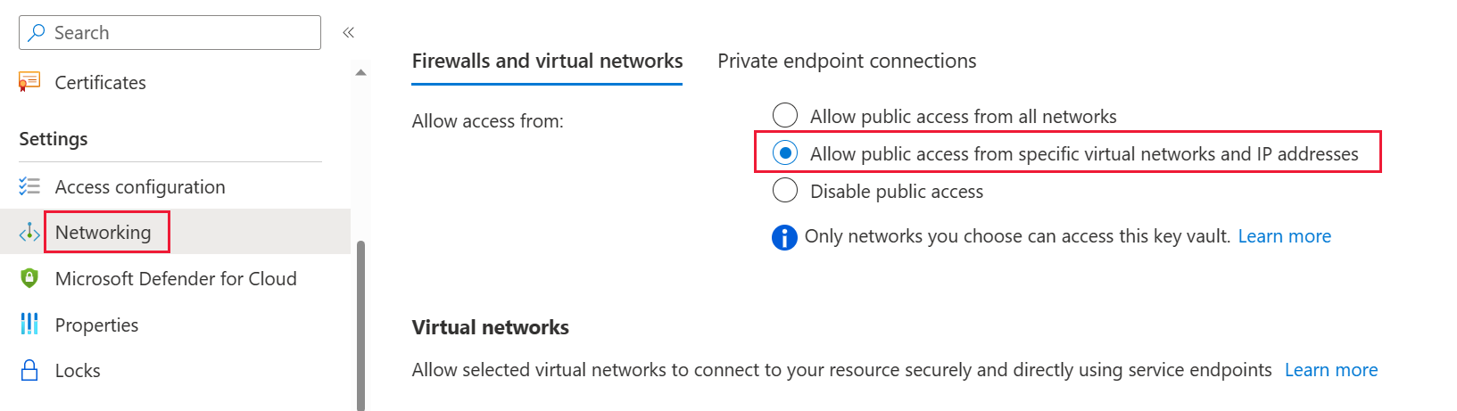 A screenshot showing the Azure Key Vault networking option, with the firewalls and virtual networks option selected.