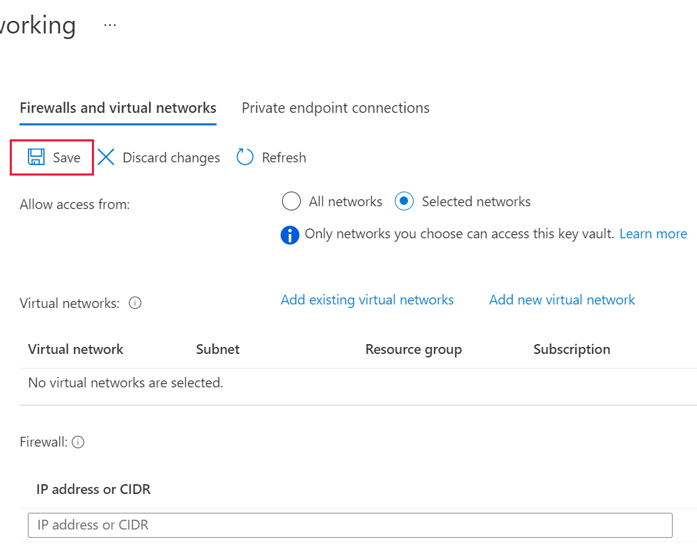 A screenshot showing the Azure Key Vault networking save button highlighted.