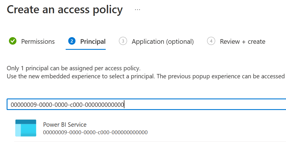 Screenshot of the Principal screen to select a new principal for the access policy.