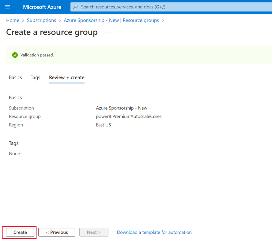 Screenshot of the create a resource group page after it passes the Azure validation test. The create button is highlighted.