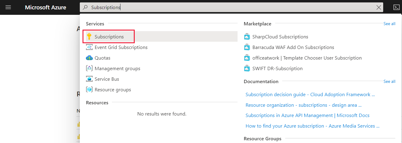 Screenshot of the Azure portal. The word subscriptions is typed in the search box.