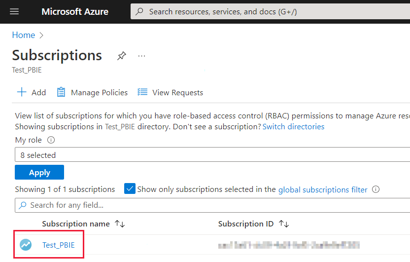 Screenshot of the subscriptions page in the Azure portal. A subscription is highlighted.