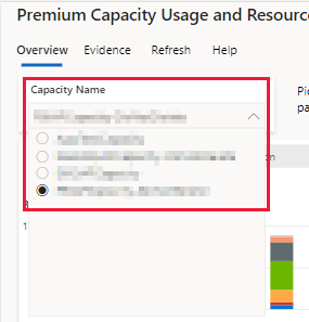 Screen capture showing the capacity name drop down box in the Power B I premium utilization and metrics app.