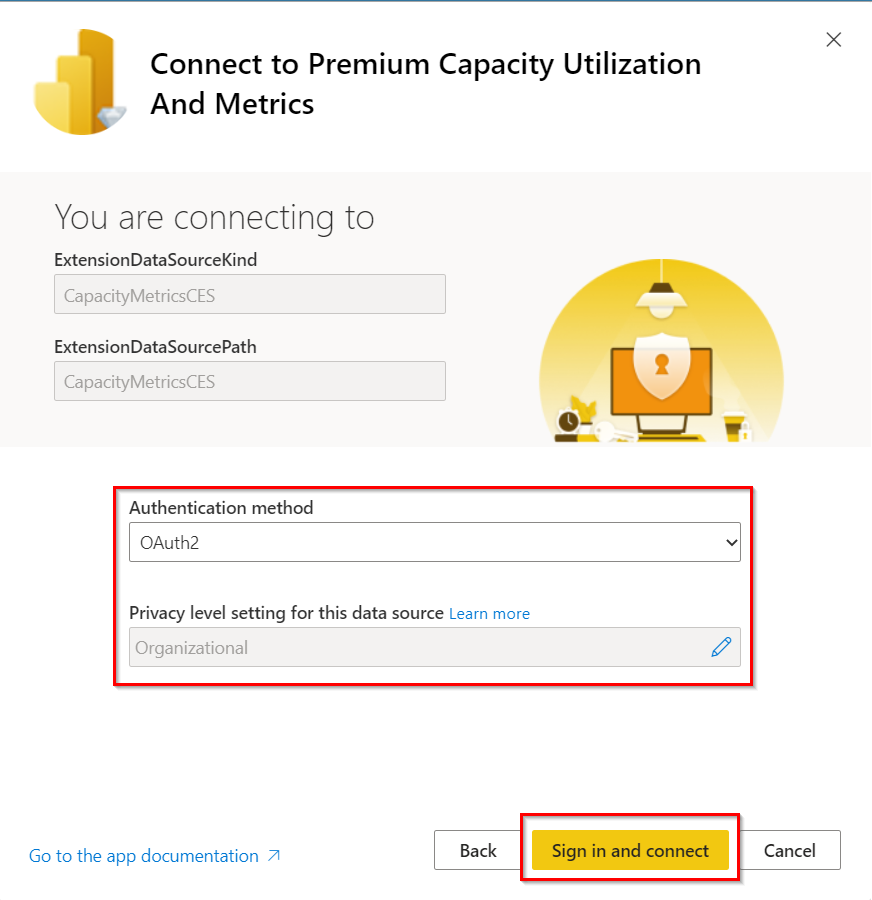 Screen capture showing the second connect to premium capacity utilization and metrics window. The authentication method option is set to O Auth 2 and the privacy level setting for this data source option is set to organizational. The sign-in and continue button is highlighted.