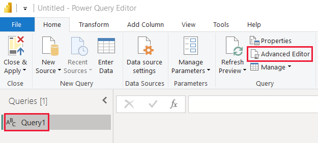 A screenshot highlighting the advanced editor button in the power query editor in Power B I Desktop.