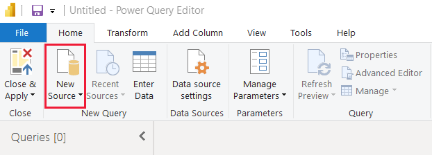 A screenshot highlighting the new source button in the power query editor in Power B I Desktop.