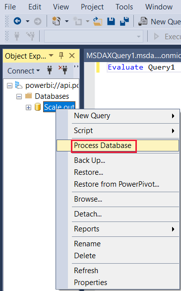 A screenshot showing the process database option highlighted in S Q L Server Management Studio.