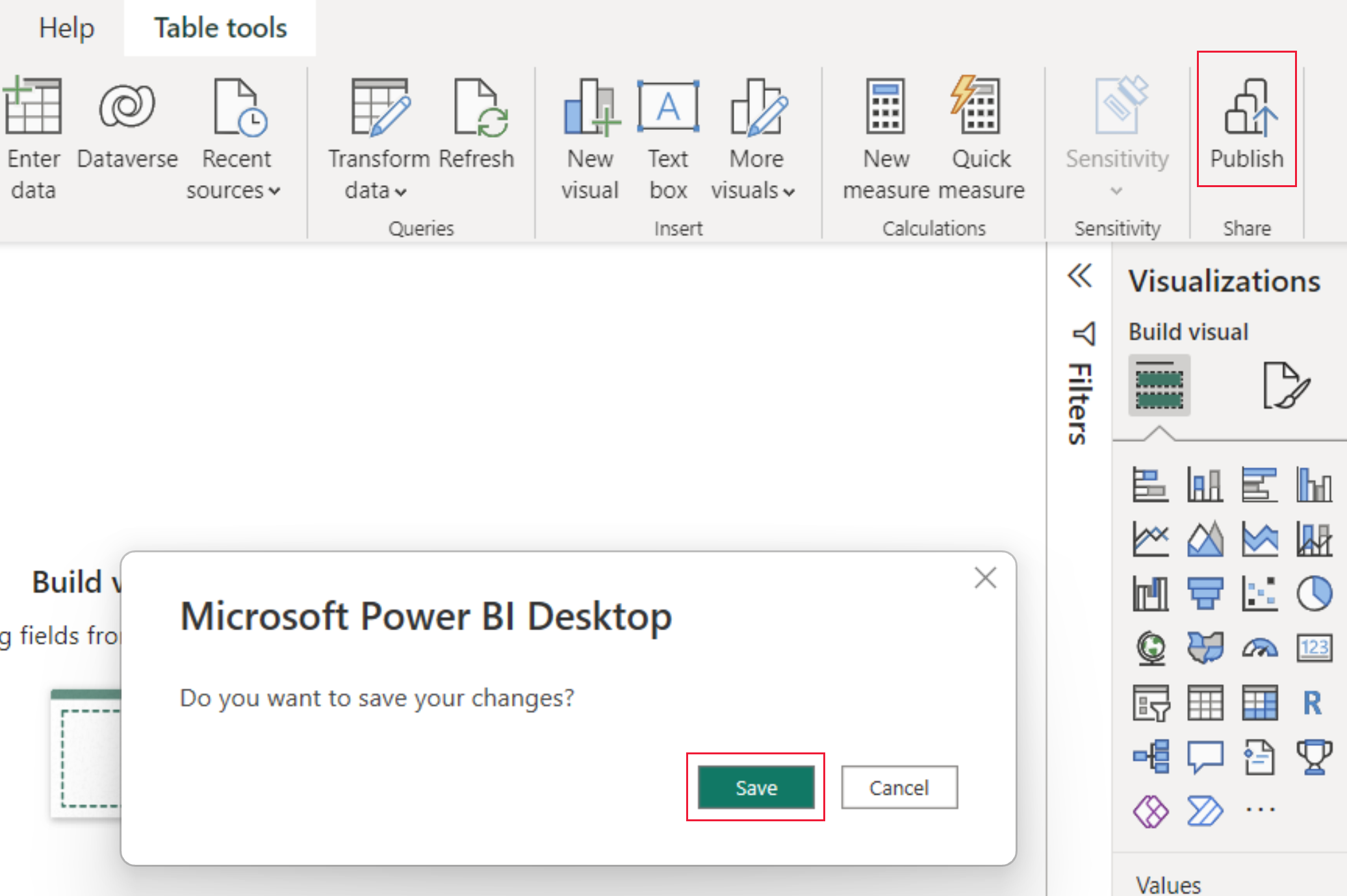 A screenshot showing the Microsoft Power B I Desktop pop up window after the publish button is selected. The publish and save buttons are highlighted.