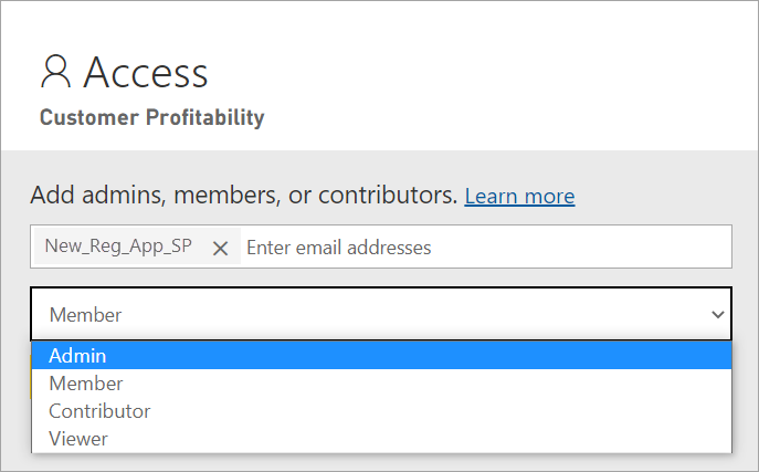 Screenshot that shows the access dialog showing a service principal name. Admin is selected.