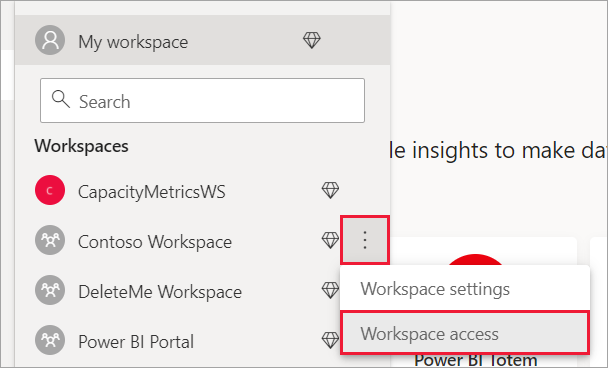 Screenshot that shows a list of workspaces. The more icon and workspace access are highlighted.