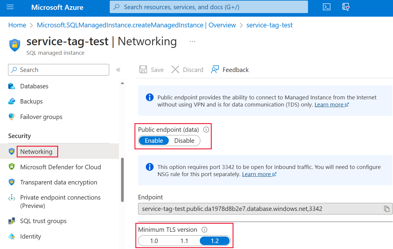Screenshot of Azure portal to enable public endpoints.