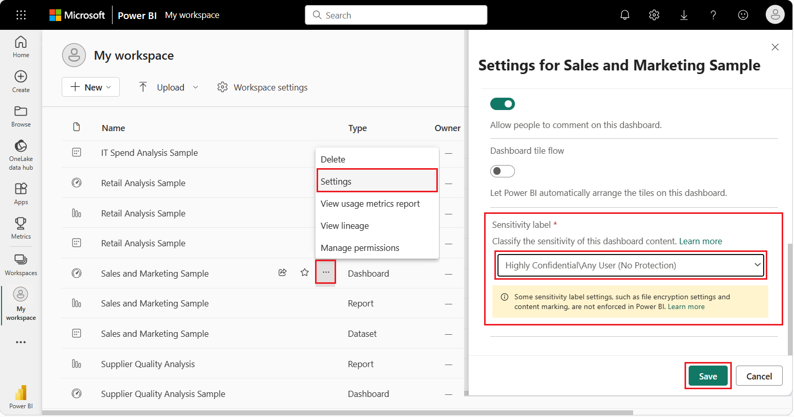 Screenshot that shows how to set the sensitivity label for a dashboard.