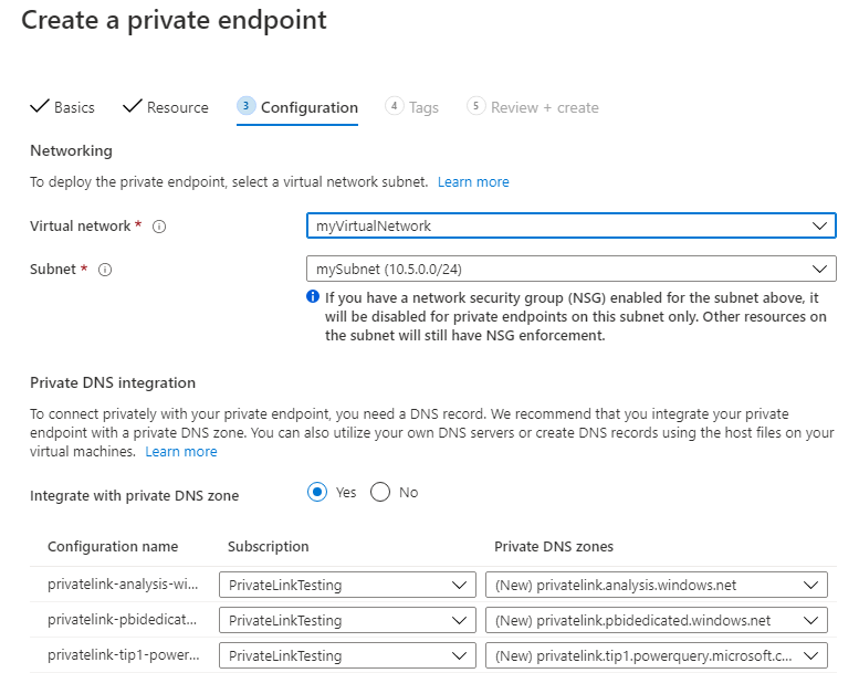 Create a private endpoint, configuration