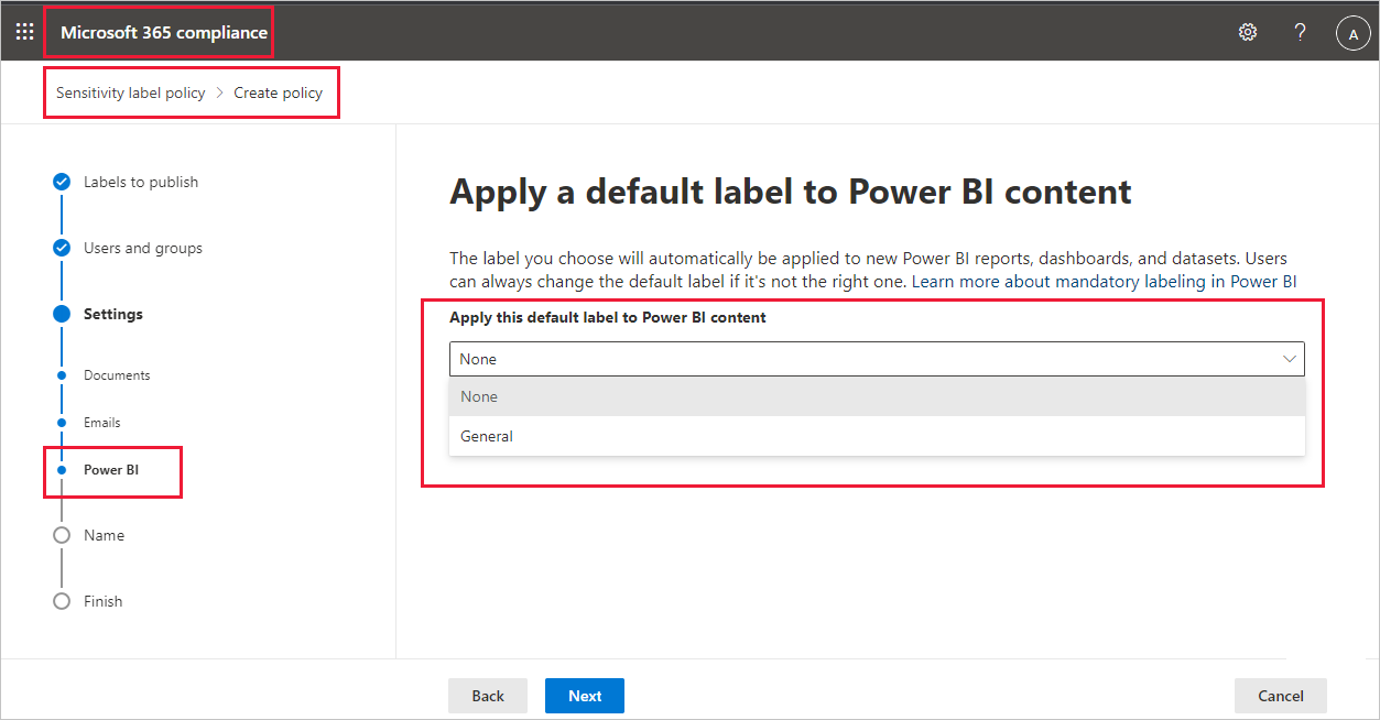 Screenshot of the default label setting in the Microsoft compliance portal.