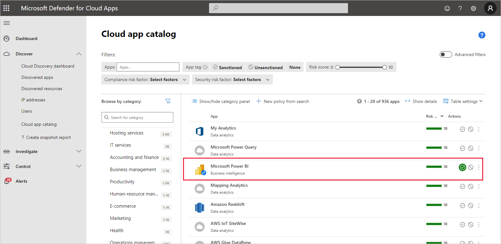 Screenshot of the Defender for Cloud Apps window showing the Cloud app catalog page with Power BI highlighted.