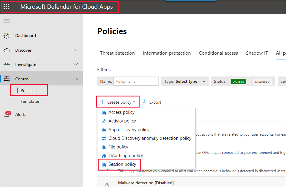 Screenshot of the Defender for Cloud Apps policies panel with policies, create policy, and session policy highlighted.