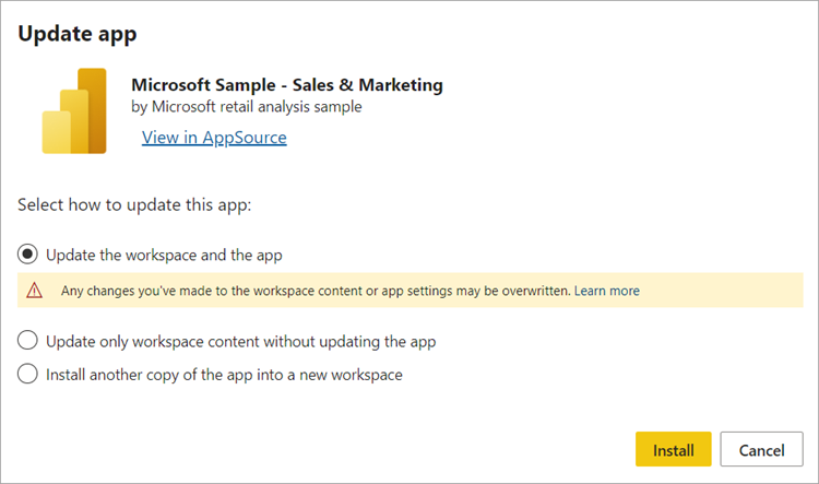 Screenshot of the Update app dialog with the option called update the workspace and the app selected.