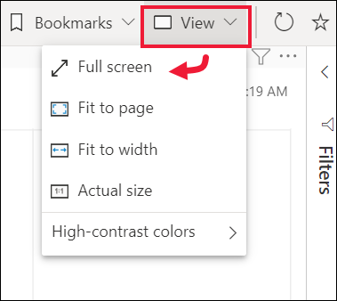 Screenshot of the View dropdown menu with Full screen option.