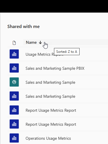 Screenshot of a content list sorted by the Name column.
